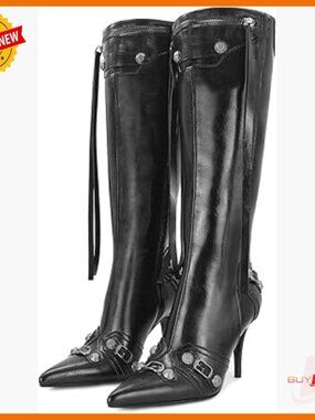 Knee High Stiletto Boots Pointed Toe 9.5cm Heel Faux Leather Zipper